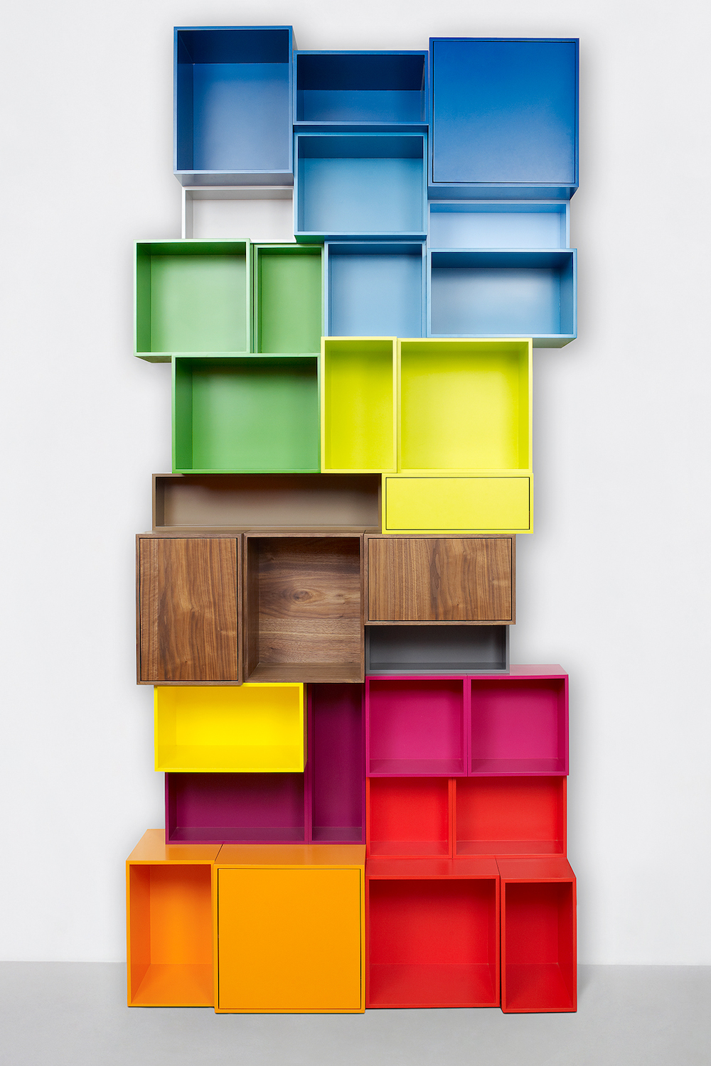 Vertical Rainbow Colourful Cubit Shelving with Walnut