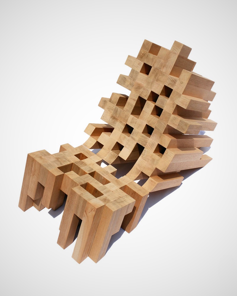 Butake Wooden Pixellated Lounge Chair by Raúl Téllez Herrera