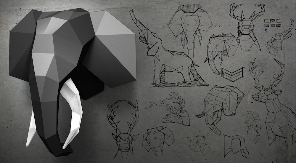 Elephant Hedlyte with Intial Geometric Polygon Sketches