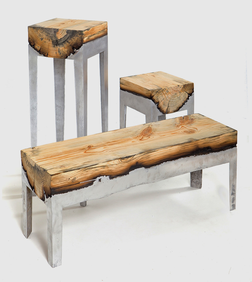 Set-of-3-Furniture-Pieces-in-Wood-Aluminium-Casting-Series-by-Hilla-Sharmia