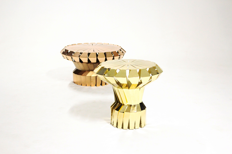Brass and Copper Laser Cut Hammered Steel Sheet Fortress Tables by Markus Johansson