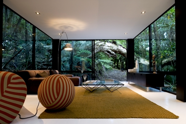Living Room Window Walls of Forest House by Chris Tate