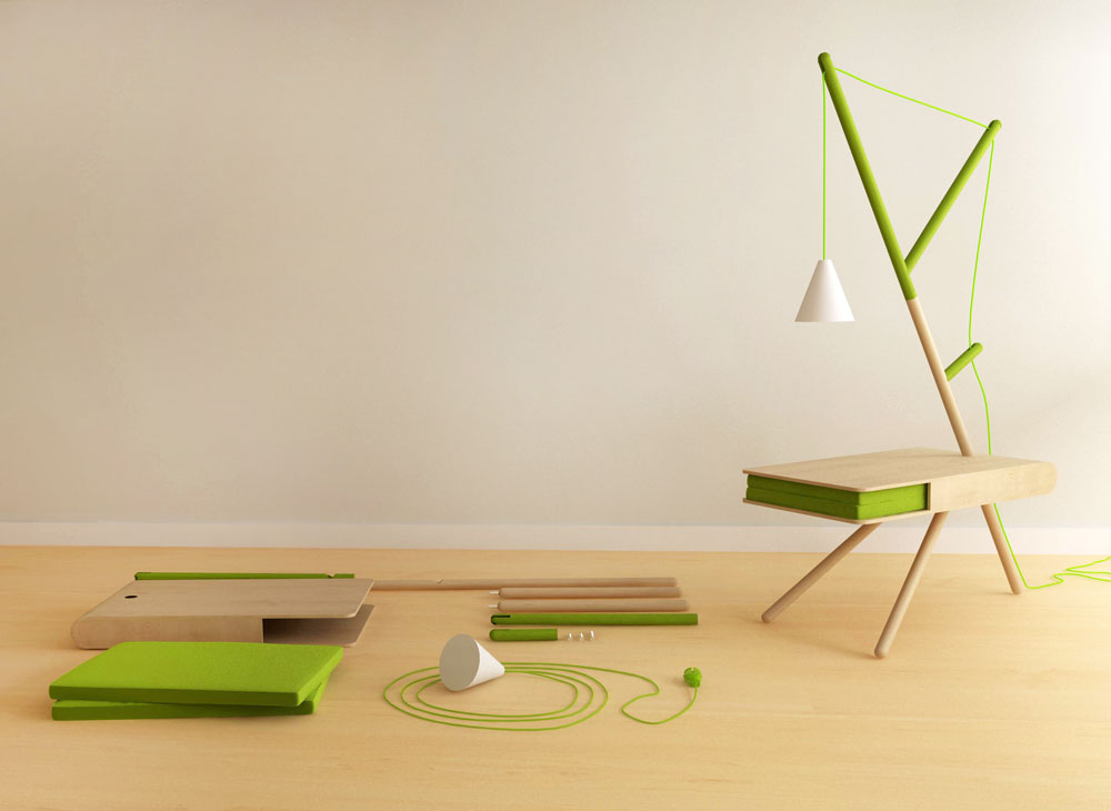 Assembled RE-LIGHT in Spring:Summer Green next to Components