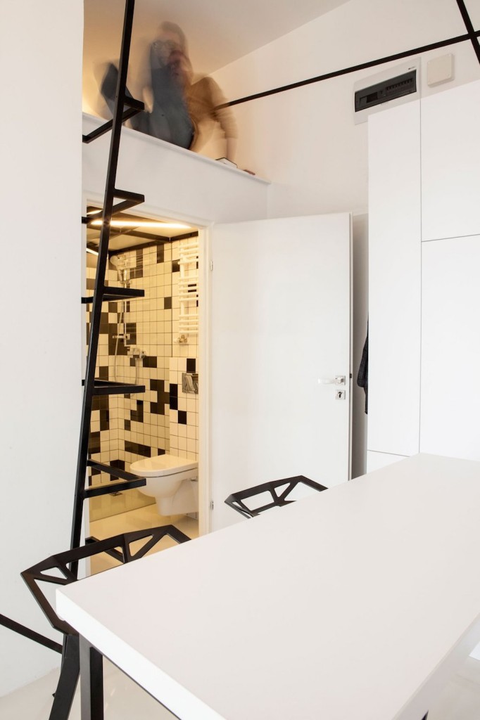 Bathroom Under Sleeping Space with Black and White Random Wall Tiles