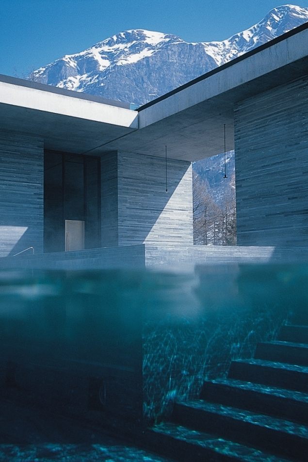 Outdoor swimming pool at Therme Vals spa by Peter Zumthos