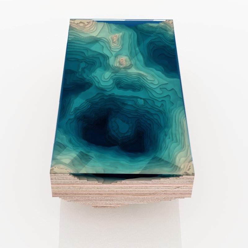 Contour Lines from Layered Wood and Glass to Represent Ocean Floor