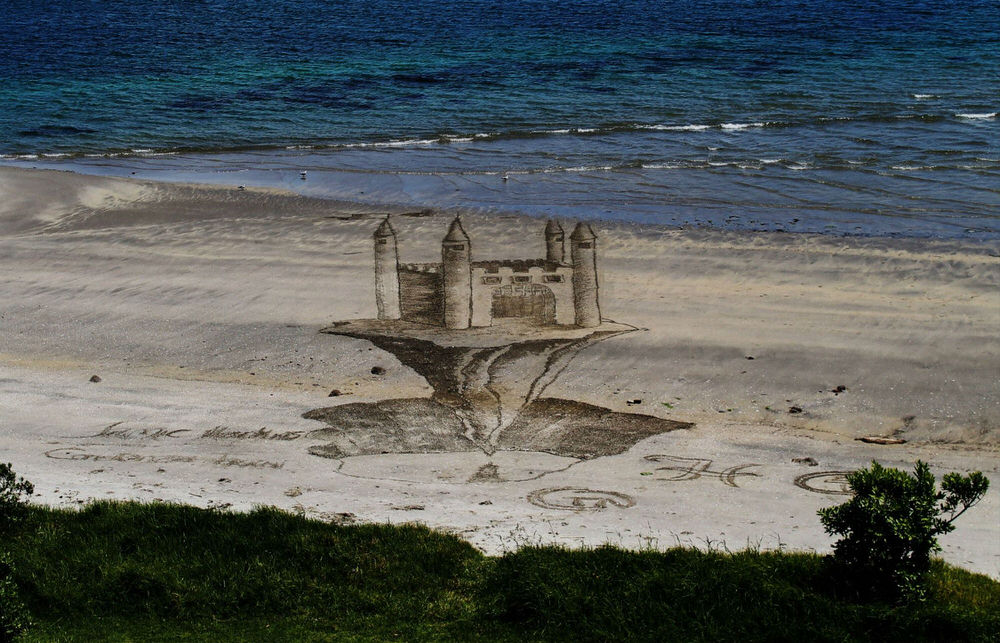 Suspended Castle Perspective Drawing on a New Zealand Beach