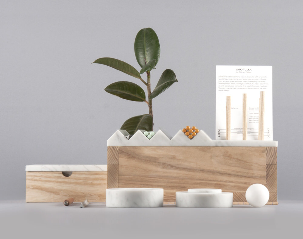 Shkatulka Modular Desk Organiser in Wood and Marble by Lesha Galkin