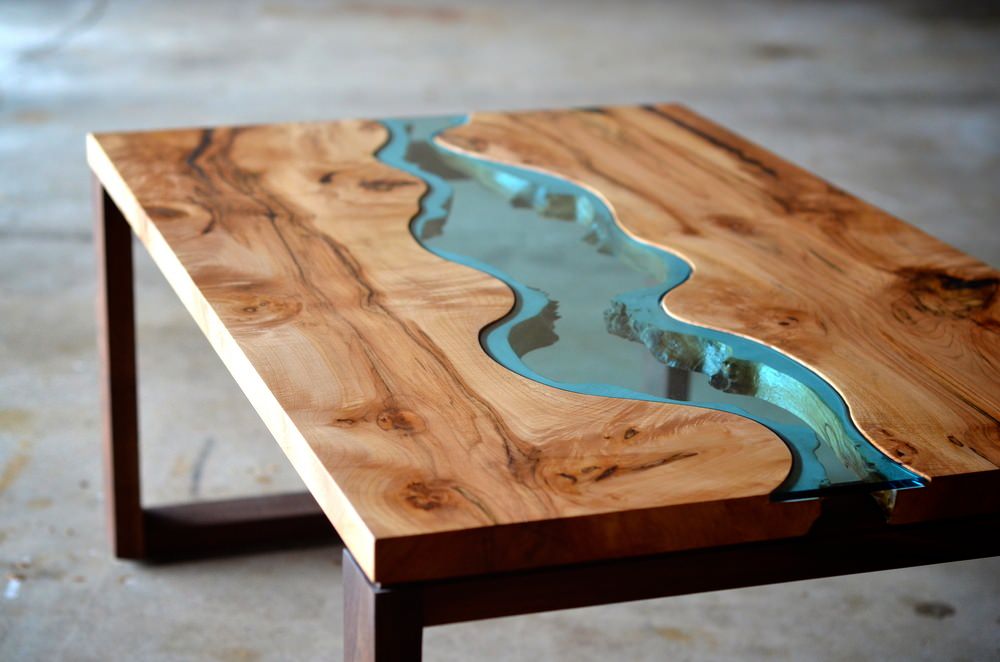 Irregular wood and glass river coffee table