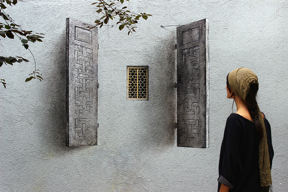Passerby Observing 'Shutters' Painting by Pejac