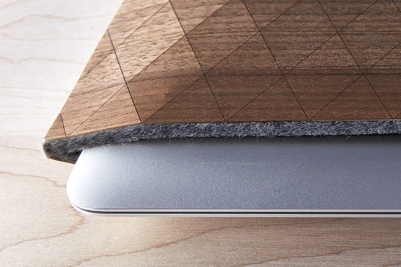 Close-up of Grovemade's Geometric MacBook Sleeve in Walnut