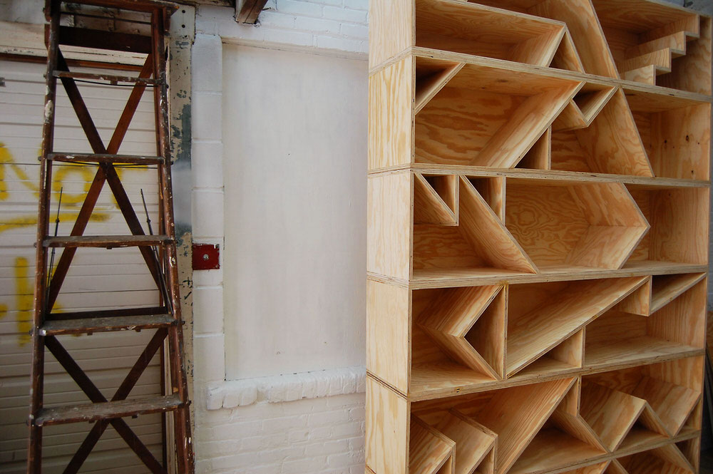 Side-view of Seven Stacked Benches Shelving by RO:LU in Plywood