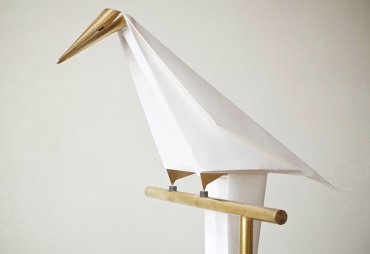 Paper Origami Bird Lamp on Brass Rod Perch by Umut Yamac