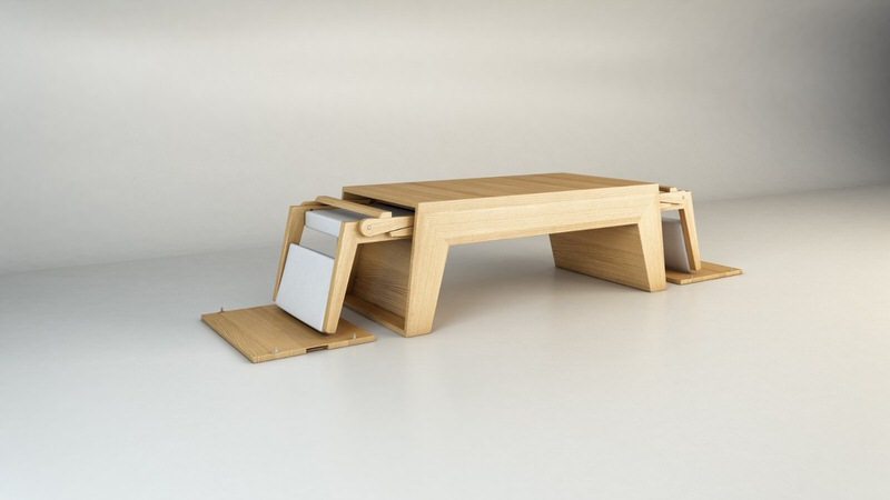Removing Lounge Chairs Concealed within Twins Coffee Table by Claudio Sibille