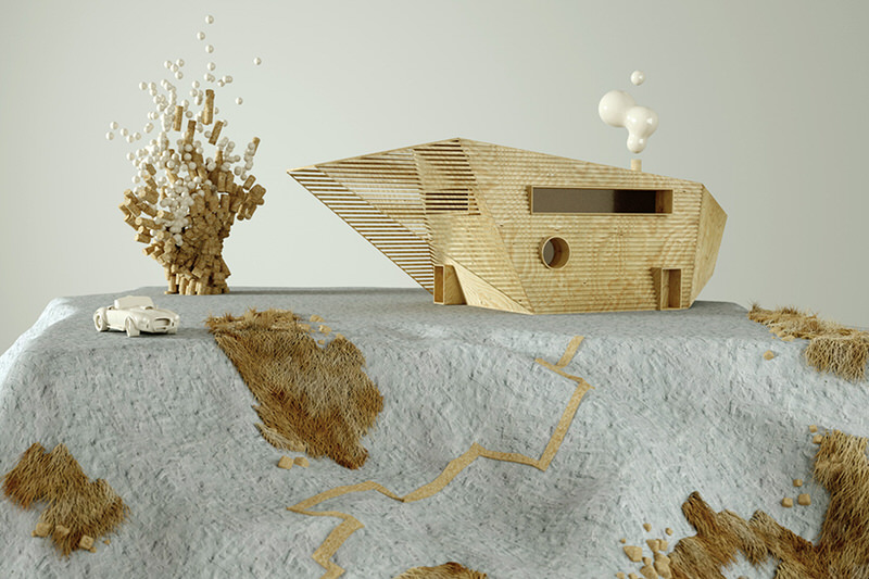 Rendering of a Wooden Architectural Model Finned Scandinavian Summer House