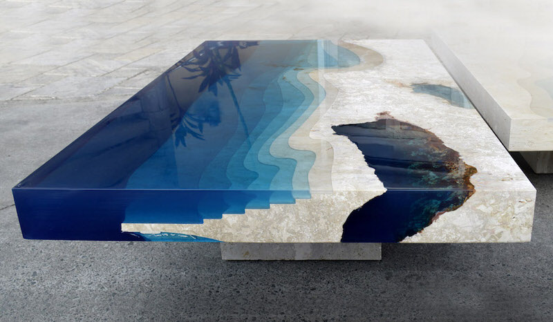 Lagoon Table in Marble and Resin with Contour Lines