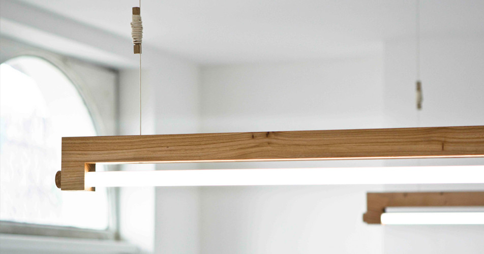 Suspended Ninebyfour Wood Minimalist Lamps by Waarmakers