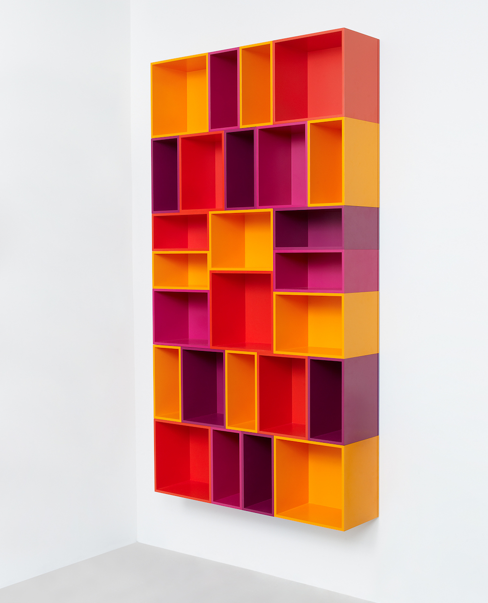 Vertical Cubit Shelf Configuration in Red, Orange, Yellow and Purple