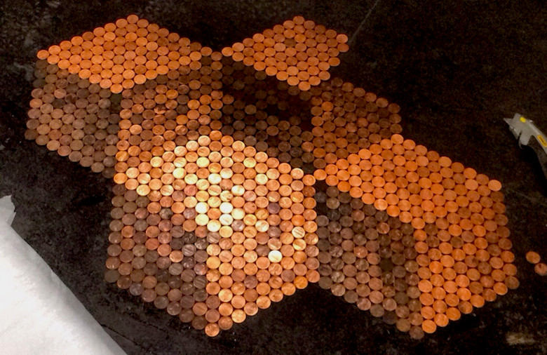 Penny Tile Floor with 3D Cube Illusion Created from Tarnishing Levels
