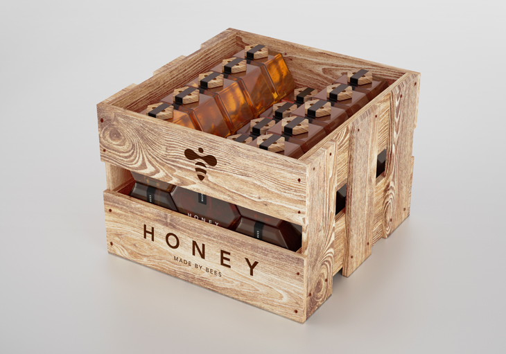 Hexagon Honey Bottles in Wooden Crate by Maksim Arbuzov and Pavel Gubin