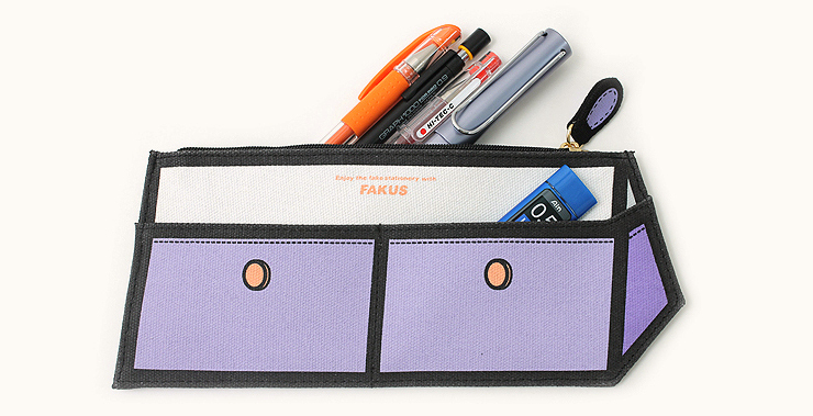 Fakus Pencil Case in 3D Purple with Front Pocket and trompe d'loeil buttons