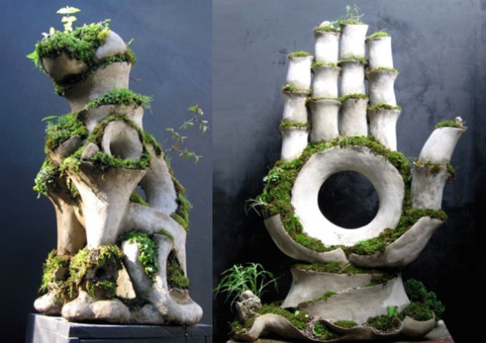 Dog and Gauntlet Terraform Sculptures in Concrete and Moss by Robert Cannon