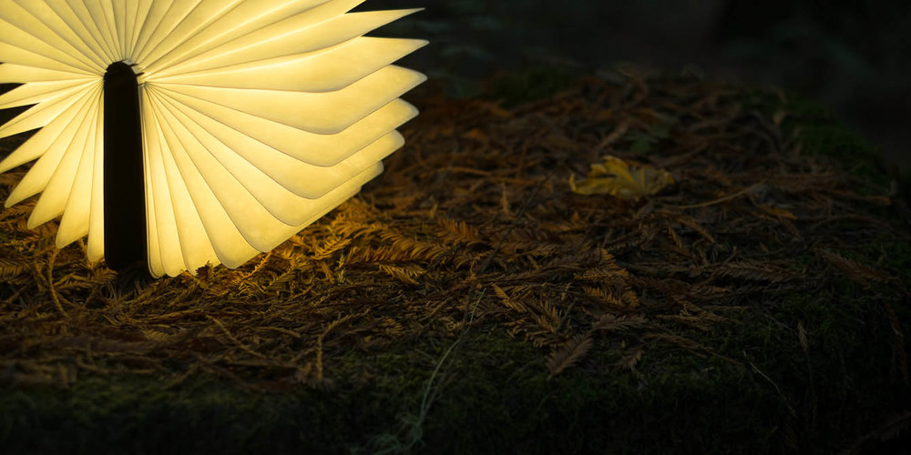 Lumio Book Light Glowing on a Bed of Leaves - Campfire
