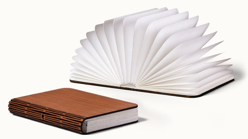 Lumio Book Light Opened and Closed with Laser Cut Spine Visible