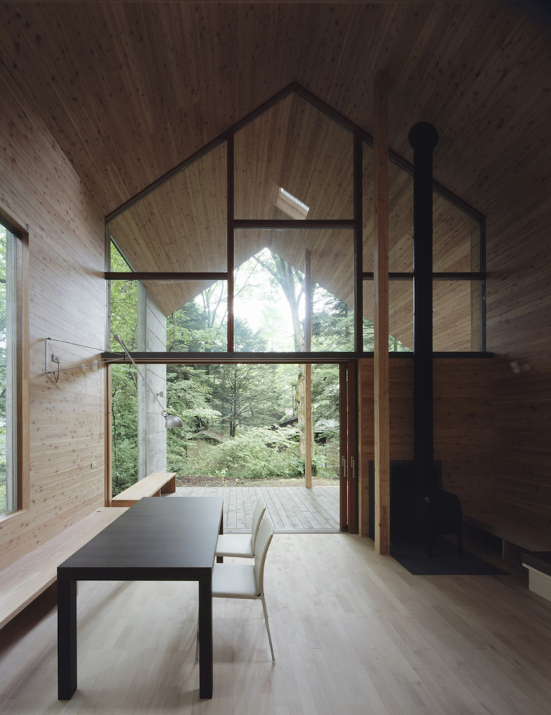 View Through Gable Shaped Timber Clad Forest Hut in Japan by Iida Archiship Studio