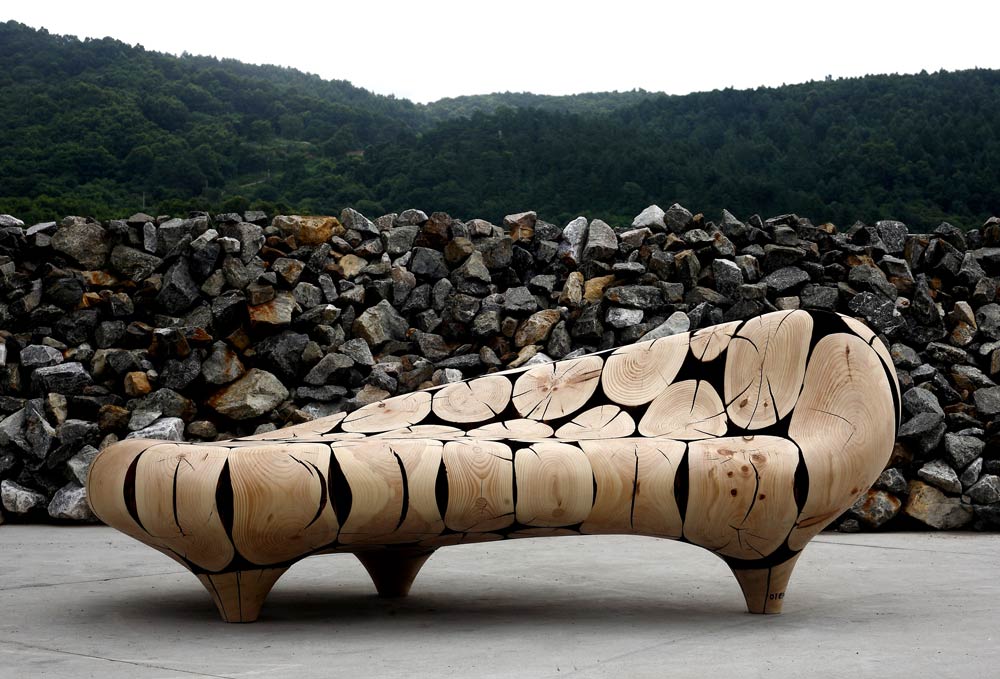 Chaise Longue in Coulter Pine Wood Log Cross Sections by Jaehyo Lee