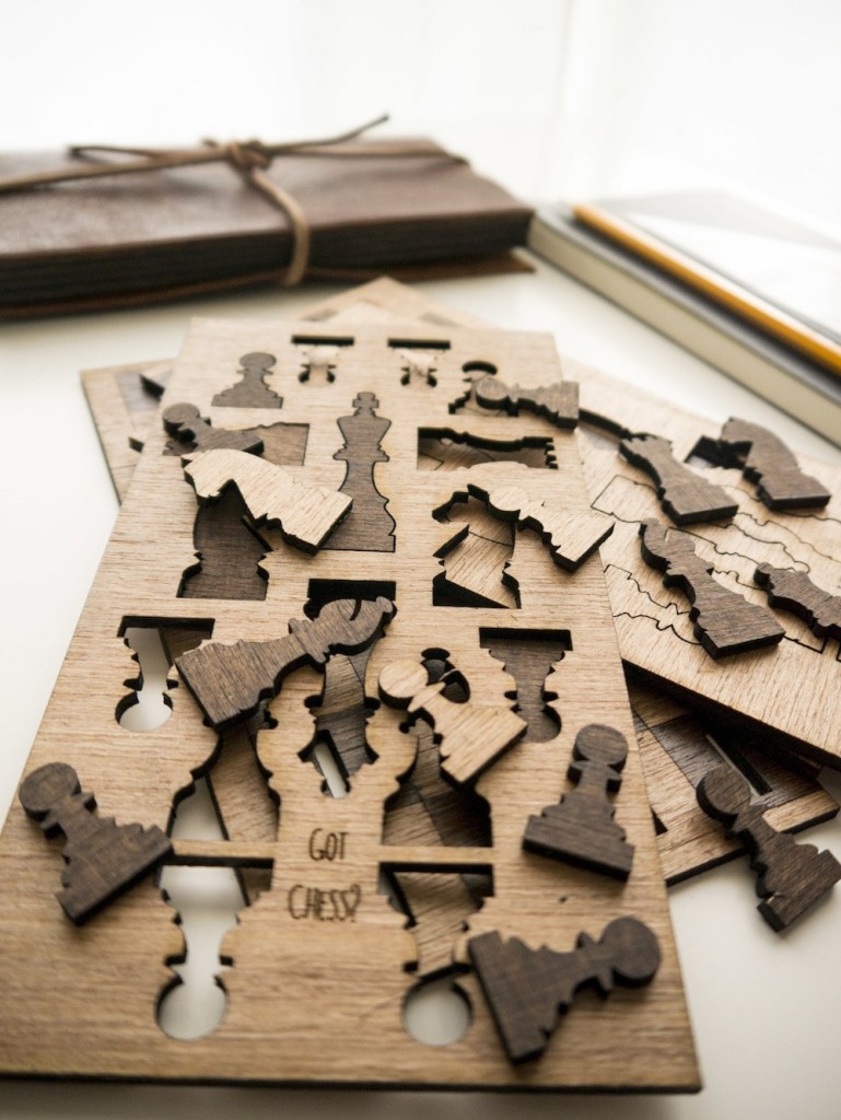 Got Chess? Laser cut wood pieces in pop-out frames