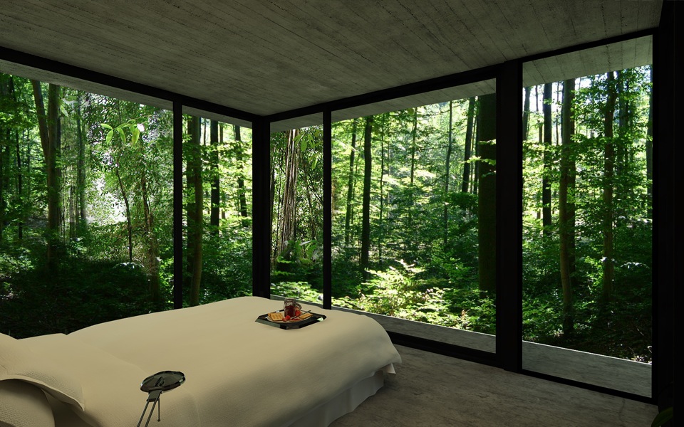 Main Bedroom of Gres House with 3 Walls of Floor to Ceiling Windows