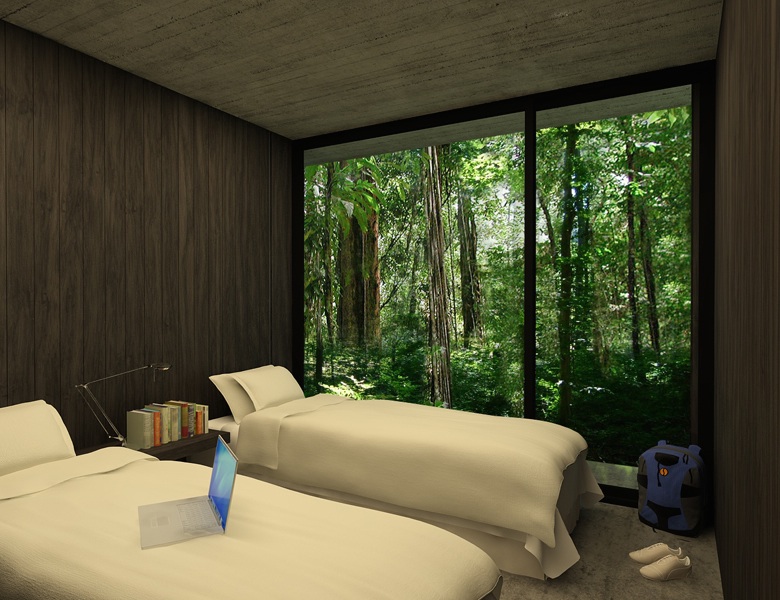 Twin Bedroom of Gres House with Full Wall Window Looking Out onto Brazilian Forest