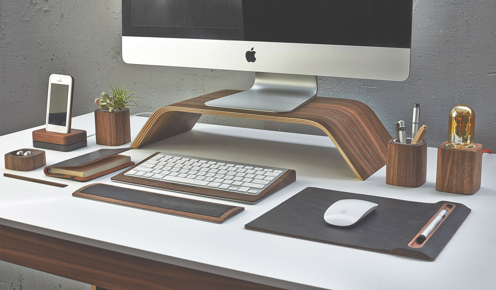 Desk Collection in Walnut with Bent Plywood Monitor Stand