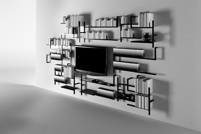 Room with Antologia modular bookshelf around TV