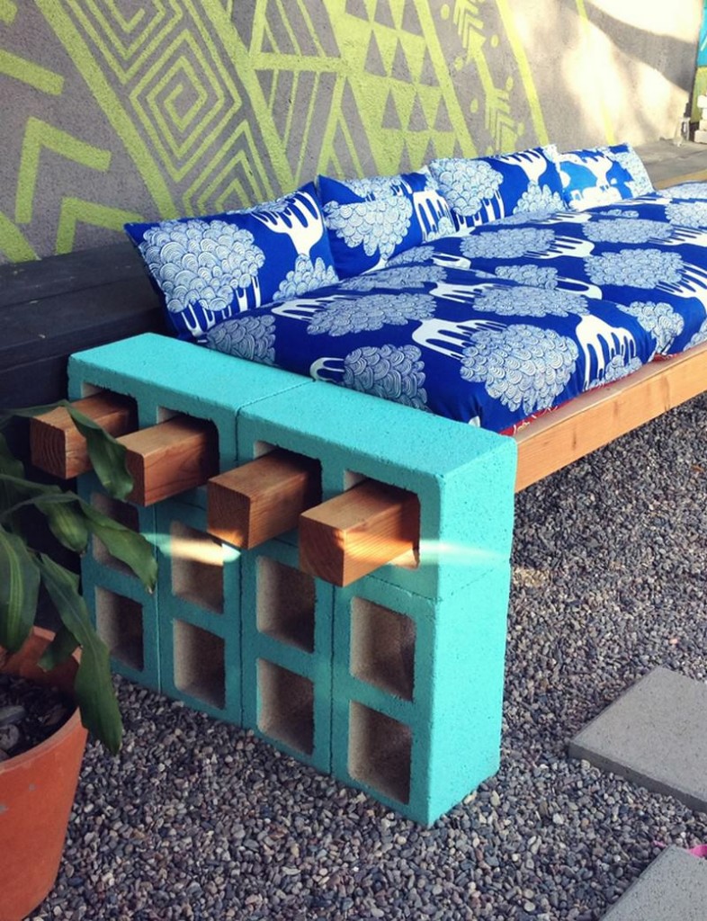 Outdoor Bench Made from Painting Upcycled Cinder Blocks and Carcassing Timber