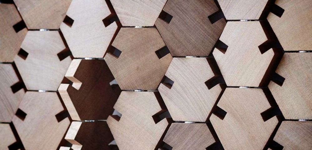 Close-up of the Hexagonal Wooden Modules in Mahogany