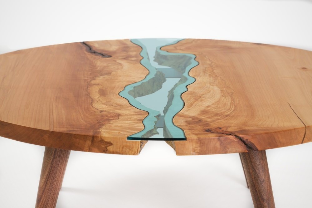 Glass Tables By Greg Klassen, Round Timber Glass Coffee Table