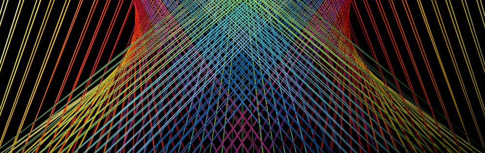 Wide view of inter-crossing rainbow strings