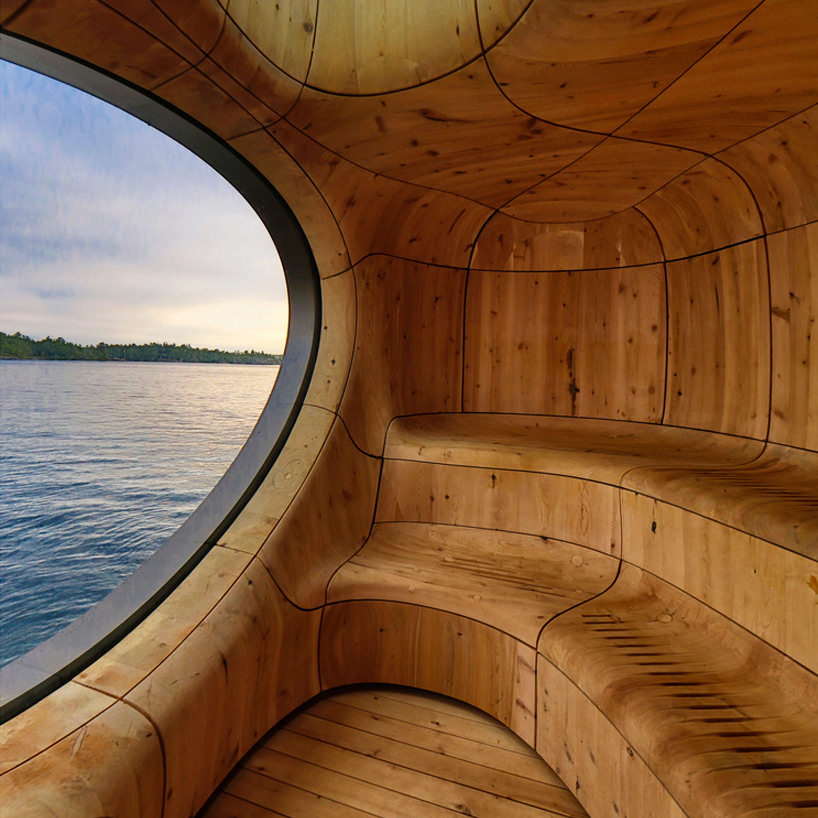 Rounded Winded and Curved Tiered Seating of Grotto Sauna