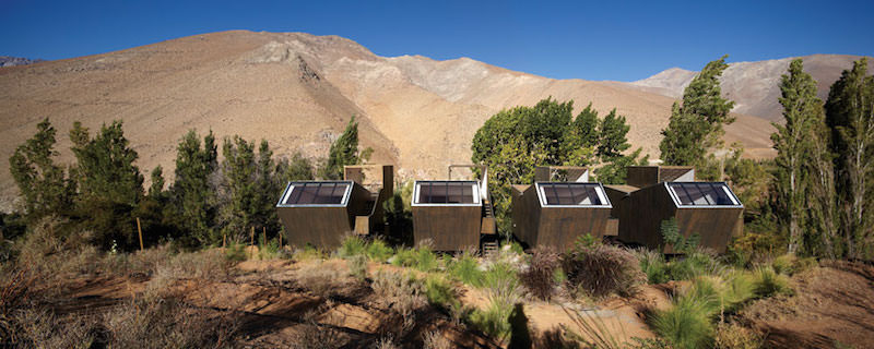 Wide angle view of Elqui Domos Astronomical Hotel Cabins