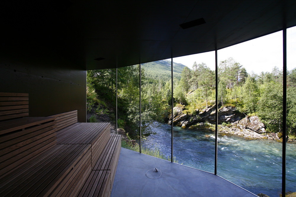 Sauna at Juvet Landscape Hotel with Full Wall WIndow