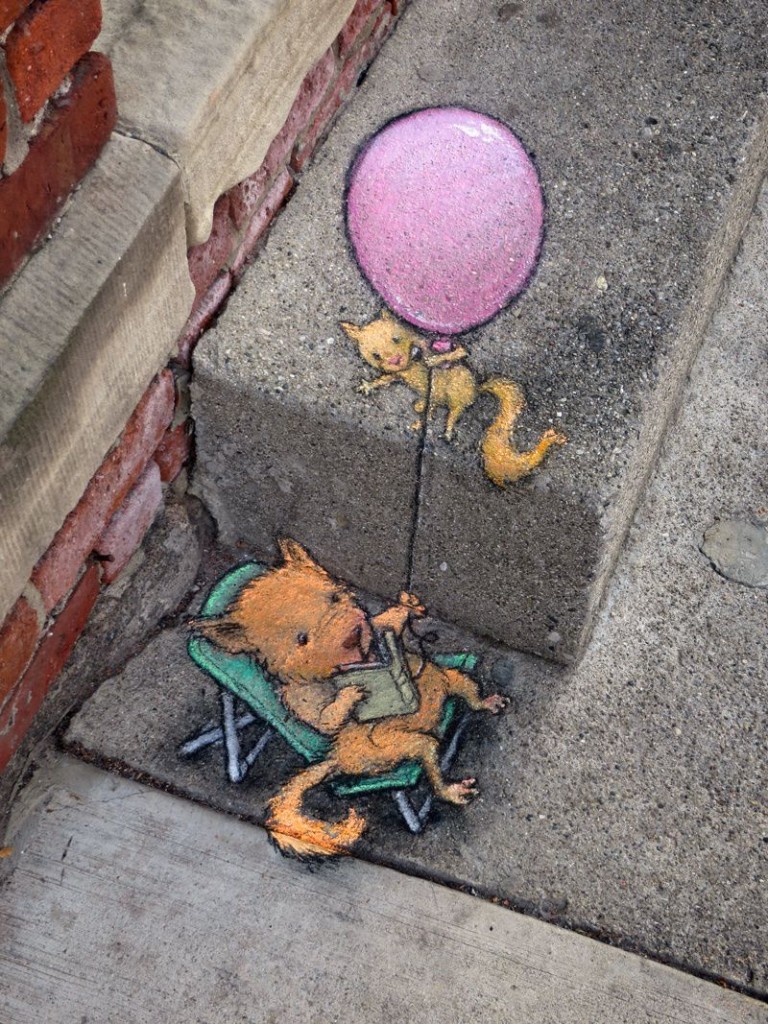 Squirrel Family baloon anamorphic street art by David Zinn