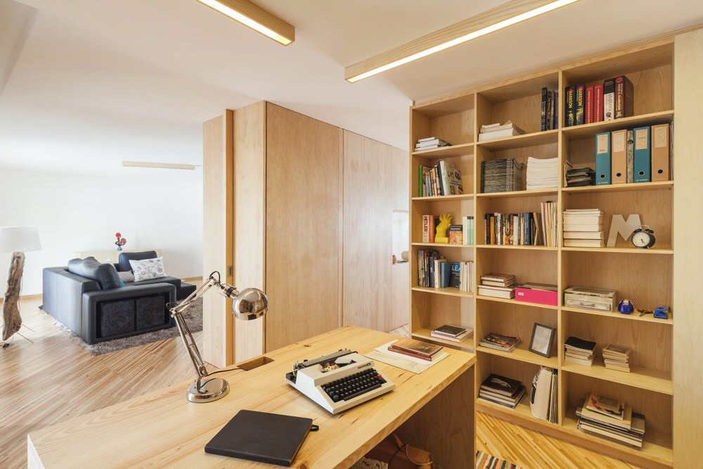 Minimalist Office with Wooden Shelving at Silverwood House