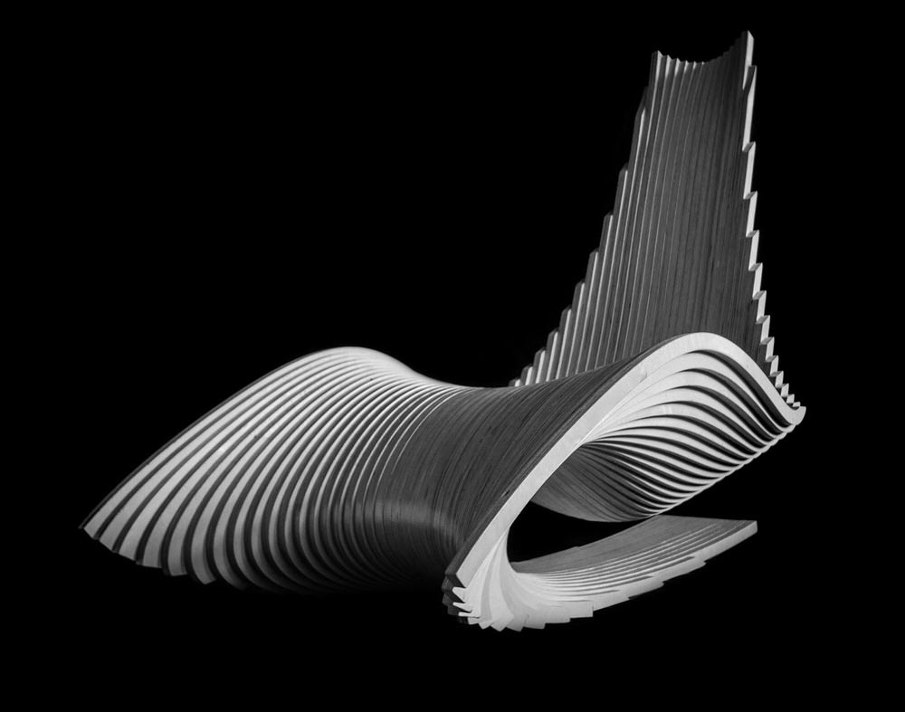 B+W Photo of the Diwani Lounge Chair in Plywood by AE Superlab
