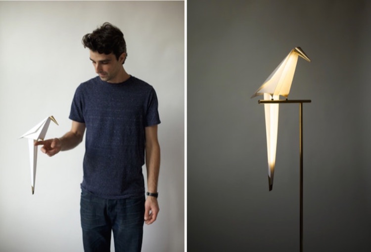 Umut Yamac Holding his Origami Bird Lamp Design