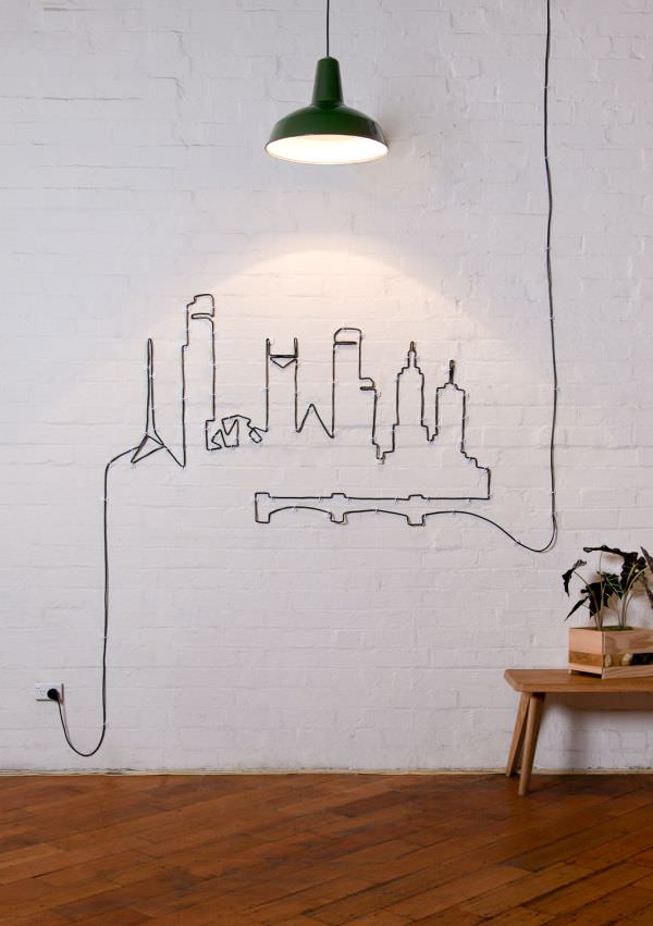 City Skyline Wall Art with Electrical Cable