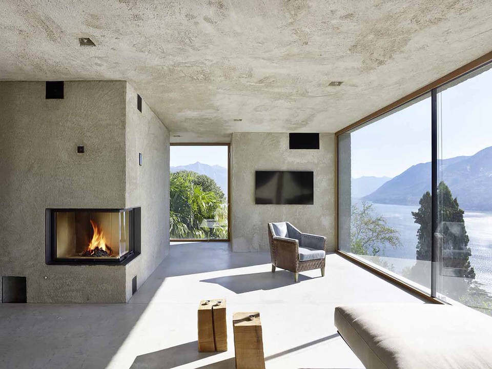 Minimalist Open Plan Living Room of House in Brissago by Wespi de Meuron Romeo Architects