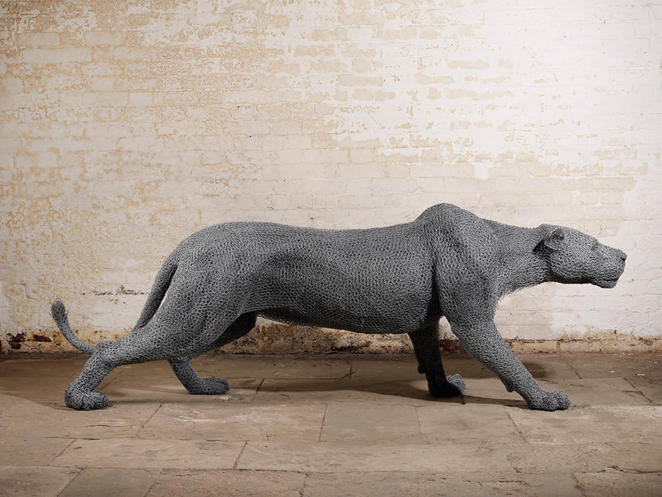 Prowling Lioness Chicken-Wire Sculpture by Kendra Hastes