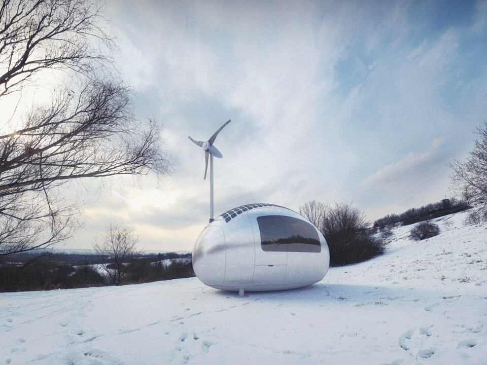 Reflective Exterior of Ecocapsule in a Snowy Setting